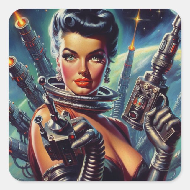 Retro Sci-Fi Woman Painting Square Sticker (Front)