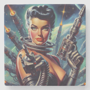 Retro Sci-Fi Woman Painting Stone Coaster