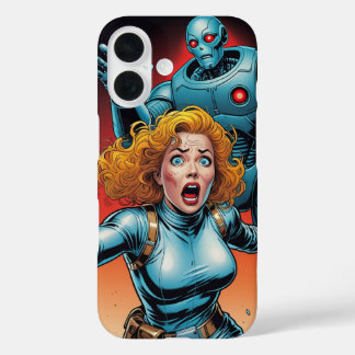 Retro Scifi Woman running from Robot iPhone 16 Case
