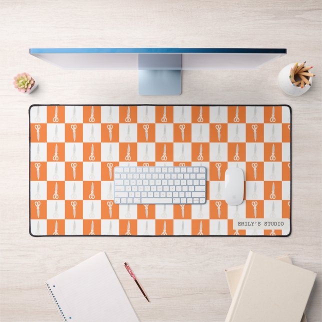 Retro Scissors Orange Chequered Custom Name Large  Desk Mat (Office 1)