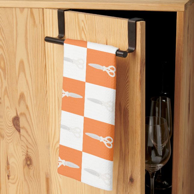 Retro Scissors Orange Chequered Pattern Tea Towel (Thirds Fold)