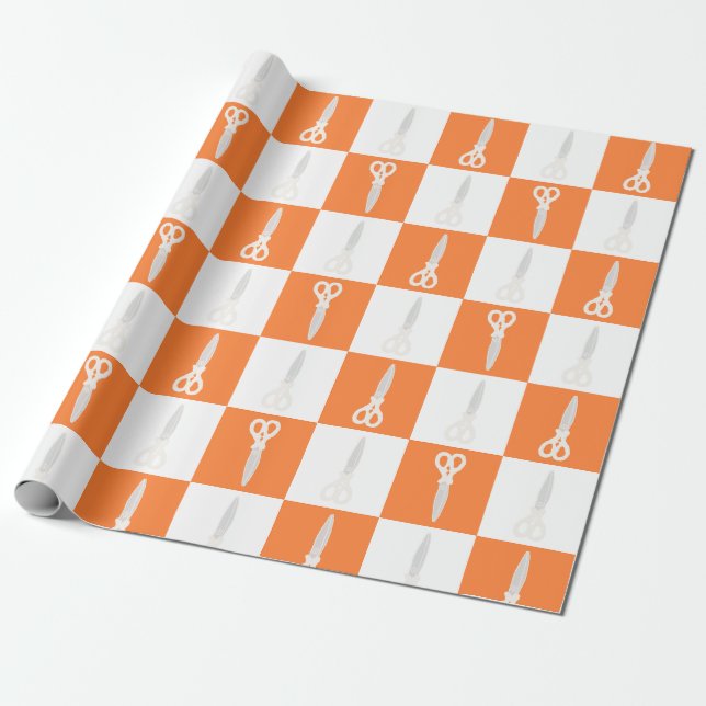 Retro Scissors Orange Chequered Pattern Wrapping Paper (Unrolled)