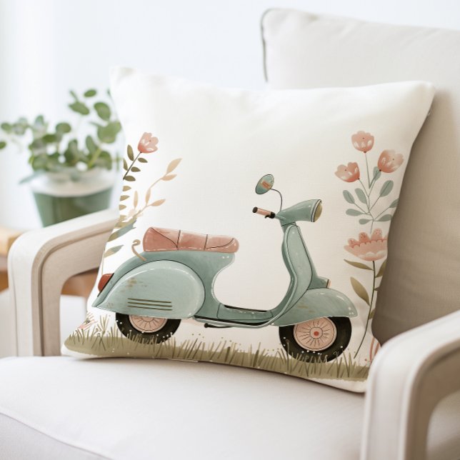 Retro Scooter Pillow, Vintage Floral Scooter Cushion (Creator Uploaded)