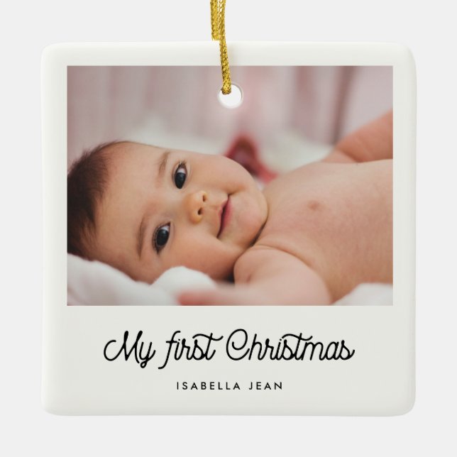 Retro script Baby's First Christmas photo Ceramic Ornament (Front)