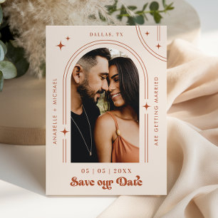 Retro Script Boho Arch Photo Terracotta Wedding Save The Date