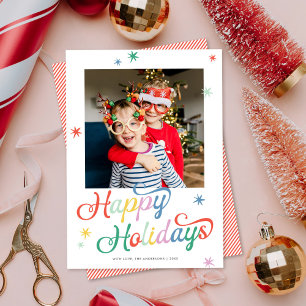 Retro Script Colourful Christmas One Photo Holiday Card