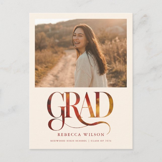 Retro Script Grad Photo Graduation Invitation Postcard (Front)