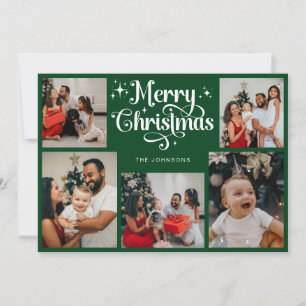 Retro Script Green Merry Christmas Family Photo Holiday Card
