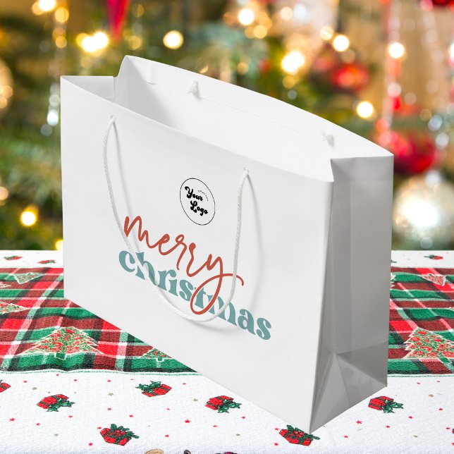 Retro Script Merry Christmas Custom Company Logo Large Gift Bag (Creator Uploaded)