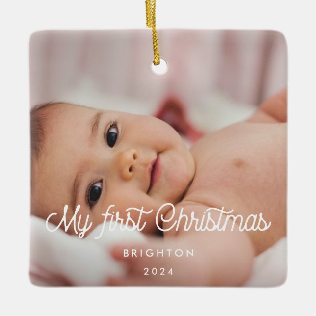 Retro script My First Christmas baby photo Ceramic Ornament (Front)