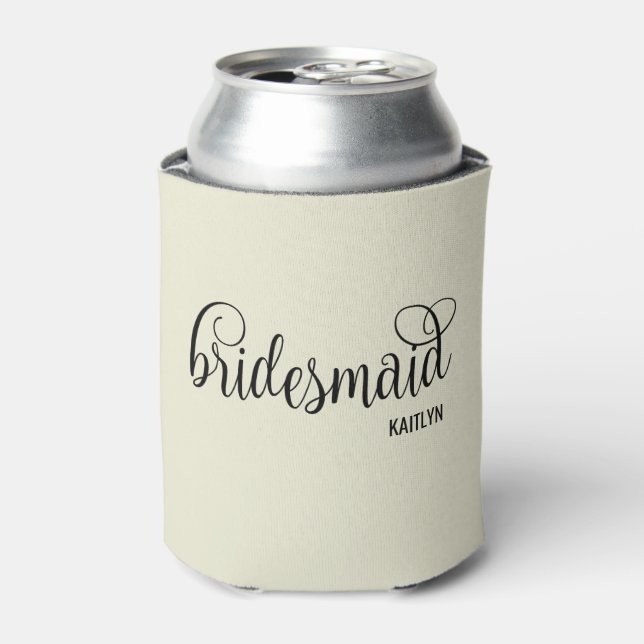 Retro Script Natural and Black Bridesmaid Can Cooler (Can Front)