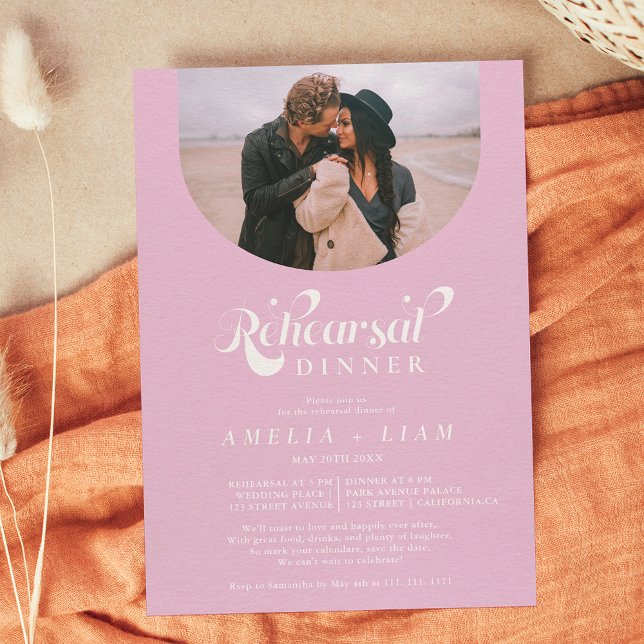 Retro script photo lilac pink rehearsal dinner invitation (Creator Uploaded)
