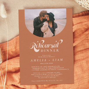 Retro script photo terracotta rehearsal dinner invitation