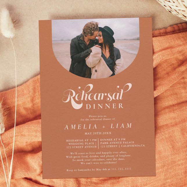 Retro script photo terracotta rehearsal dinner invitation (Creator Uploaded)