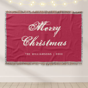 Retro Script Red Merry Christmas Family Name Throw Blanket