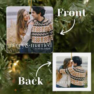 Retro Script Typography Merry & Married Photo Ceramic Ornament