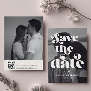 Retro Script Wedding QR Code Black and White Save The Date