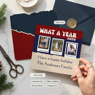 Retro Script What A Year Photo Collage Holiday Card