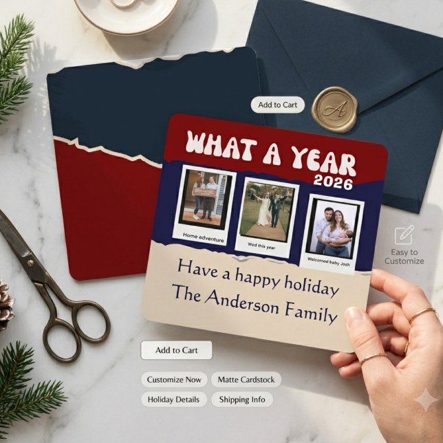 Retro Script What A Year Photo Collage  Holiday Card (Creator Uploaded)