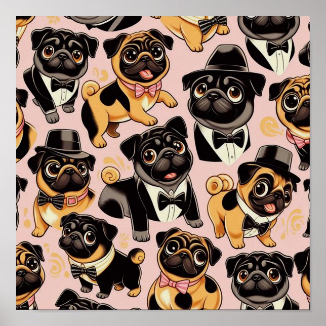 Retro Seamless Cute Pug Poster (Front)