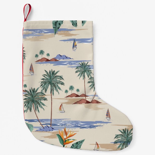 Retro seamless tropical island pattern on light be small christmas stocking (Front)