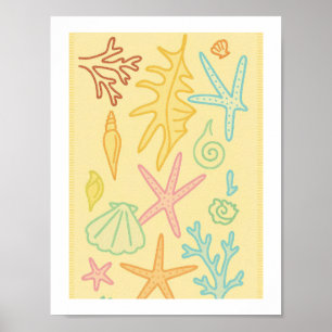 Retro Seashells Coral Sea Life Pattern Coastal Poster