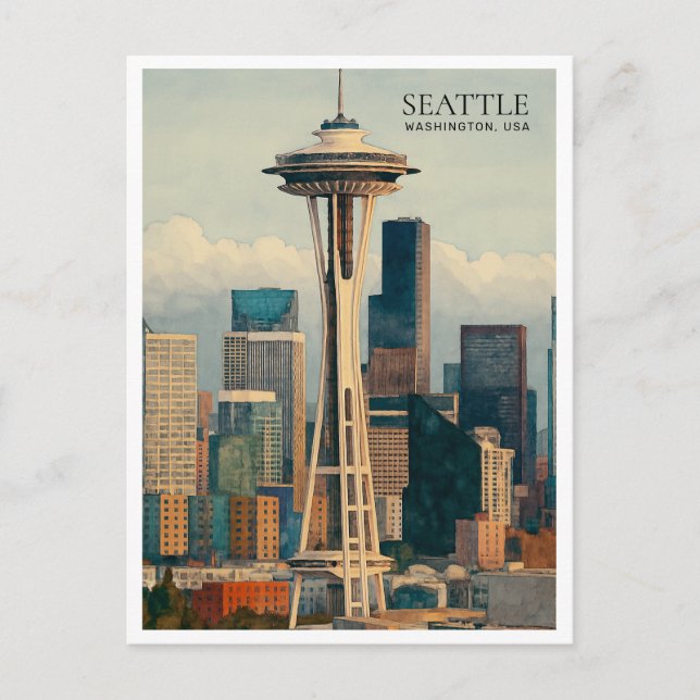 Retro Seattle Skyline Watercolor Postcard Art (Front)