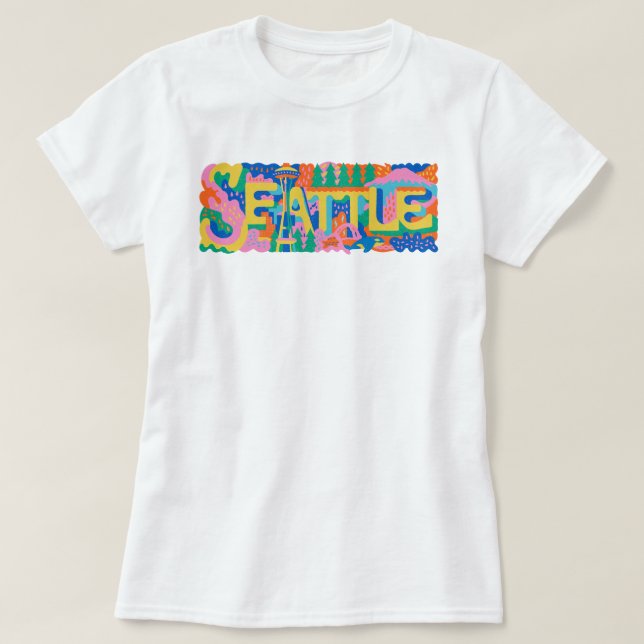 Retro Seattle Space Needle Mount Rainier Orca Whal T-Shirt (Design Front)