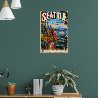 Retro Seattle Washington Pacific Northwest Travel Poster
