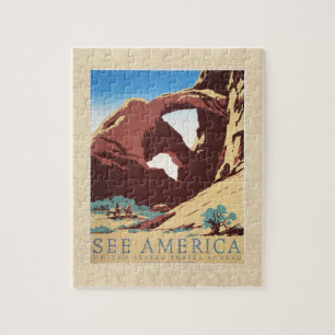 Retro See America Western Cowboys Desert Arch WPA Jigsaw Puzzle