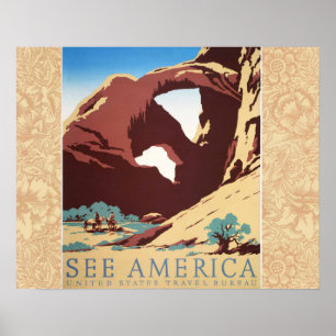 Retro See America Western Cowboys Desert Arch WPA Poster