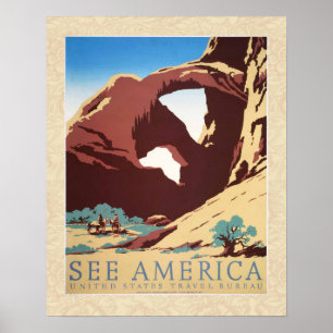 Retro See America Western Cowboys Desert Arch WPA Poster