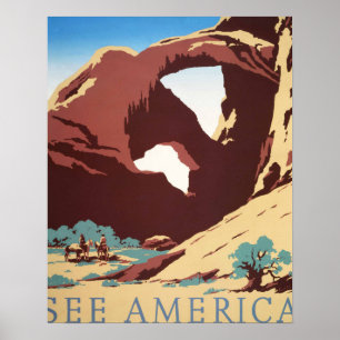 Retro See America Western Cowboys Desert Arch WPA Poster