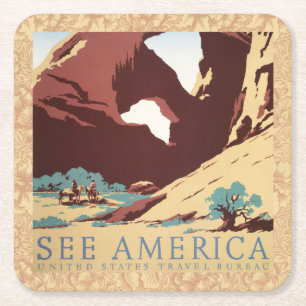 Retro See America Western Cowboys Desert Arch WPA  Square Paper Coaster