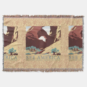 Retro See America Western Cowboys Desert Arch WPA Throw Blanket