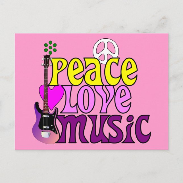 Retro seventies peace love music postcard (Front)