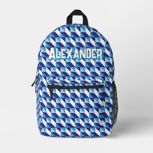 Retro Shades of Blue Geometric Abstract Pattern Printed Backpack (Front)