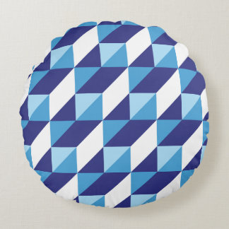 Retro Shades of Blue Geometric Triangle Abstract Round Cushion