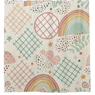 Retro Shapes and Dotted Textures in Earthy Pastel Shower Curtain