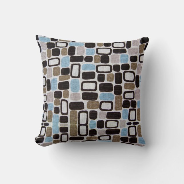 Retro Shapes Blue and Tan Pattern Throw Pillow (Front)