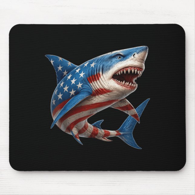 Retro Shark American Flag 4th of July Independence Mouse Pad (Front)