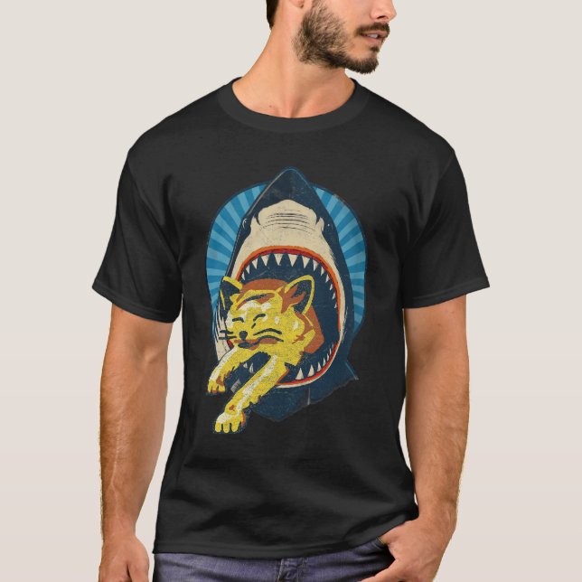 Retro Shark Eating Cat Ocean Predator Attack Anima T-Shirt (Front)
