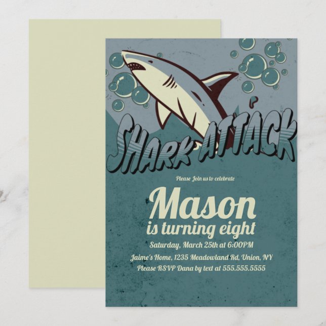 Retro Shark Themed Birthday Party Invitation (Front/Back)