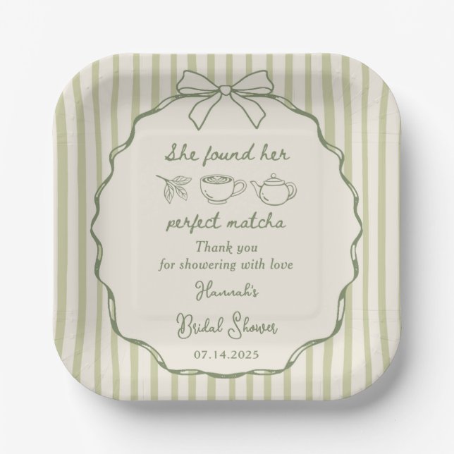 Retro She Found Her Perfect Matcha Bridal Shower Paper Plate (Front)