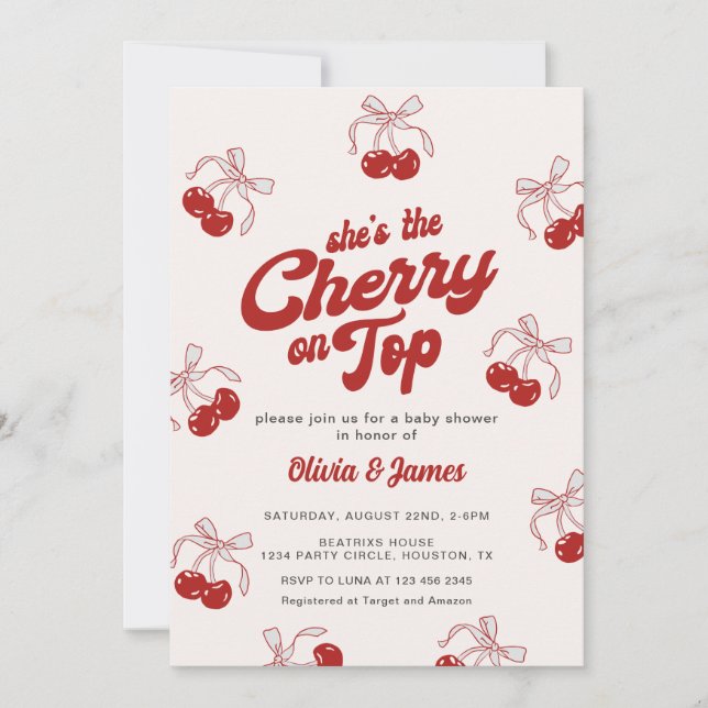 Retro She's the Cherry on Top Trendy Baby Shower Invitation (Front)