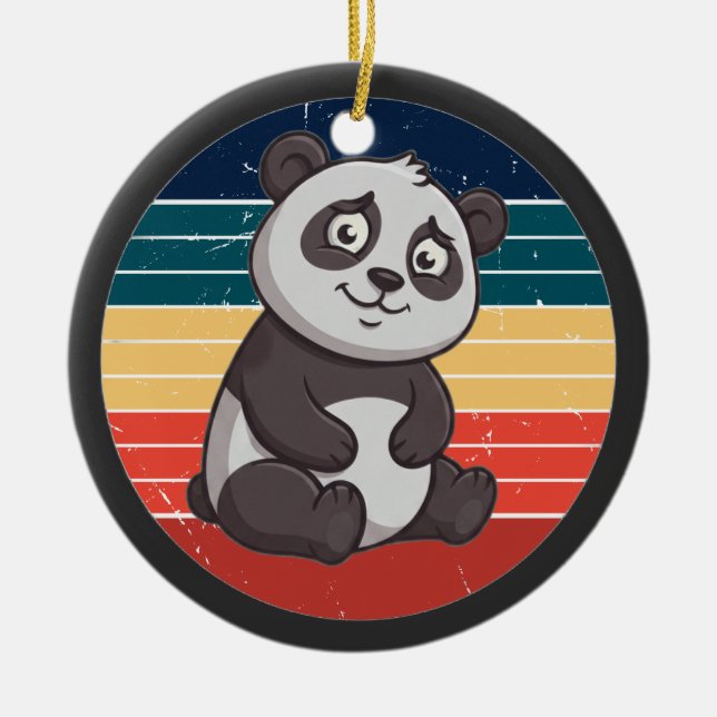 Retro Shy Panda Bear Sunset Art Ceramic Tree Decoration (Front)