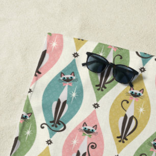 Retro Siamese Cats and Starbursts On Lozenges Beach Towel
