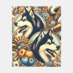 Retro Siberian Husky Illustration Fleece Blanket