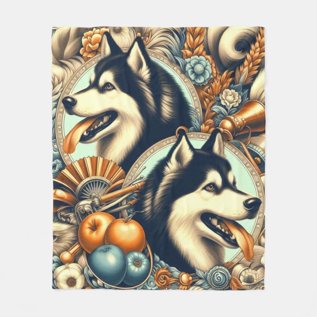 Retro Siberian Husky Illustration Fleece Blanket (Front)