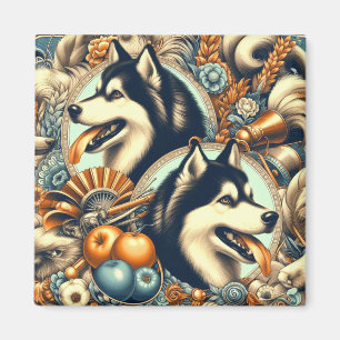 Retro Siberian Husky Illustration Magnet